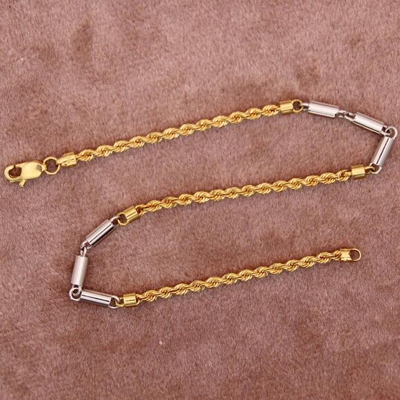 Rope Chain Bracelet 14K Tri-Color Gold - Solid 18kt Two Tone Yellow White Gold Rope & Bar Link Chain Bracelet 7.25\